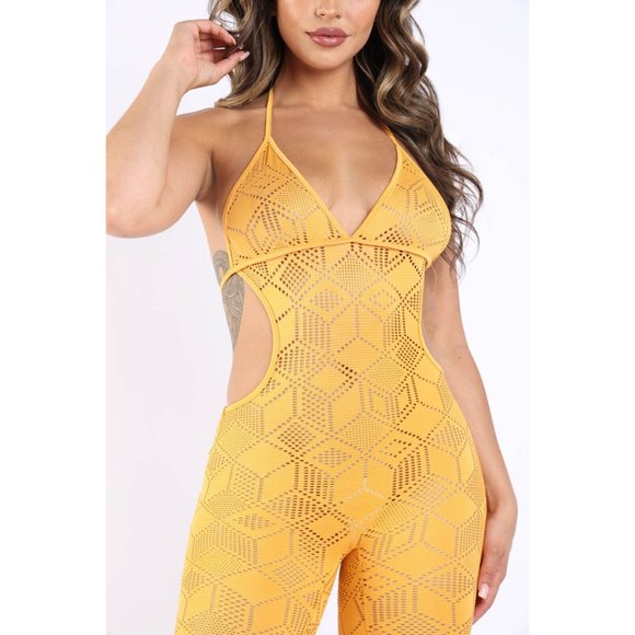 Women's Sexy Lace Cut Out Detailed Halter Jumpsuit Casual Party Club Pullover - Picture 3 of 11